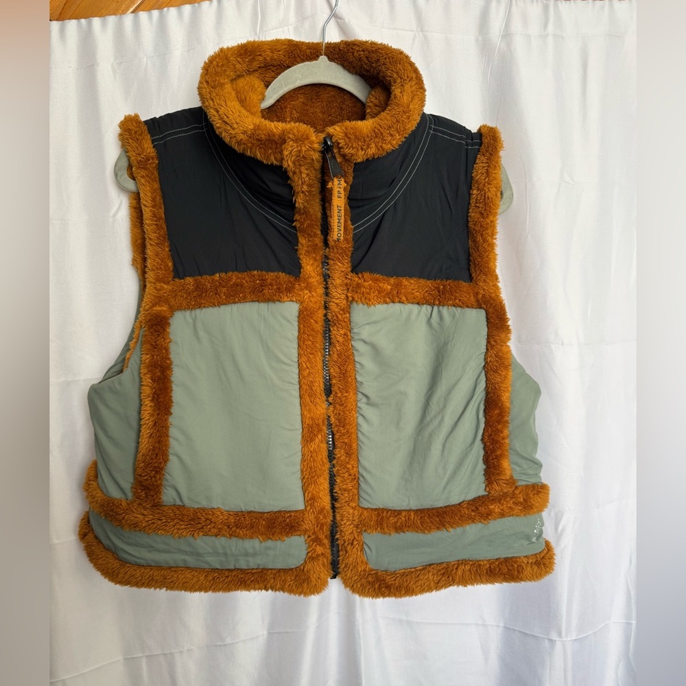FP Movement by Free People Black and Green Vest with Brown Trim